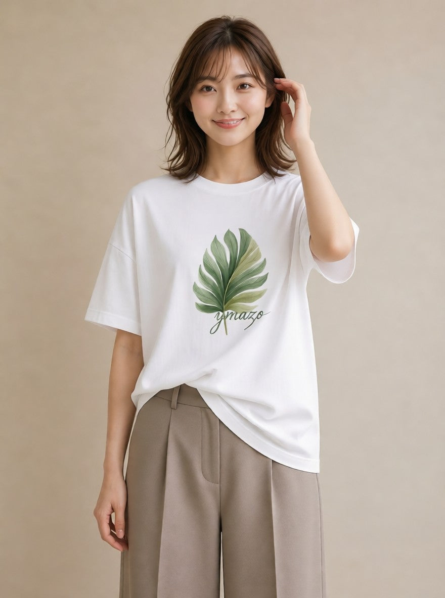 プリントTシャツ レディース 新緑 植物 ボタニカル イラスト 上品 海 カフェ巡り 白T