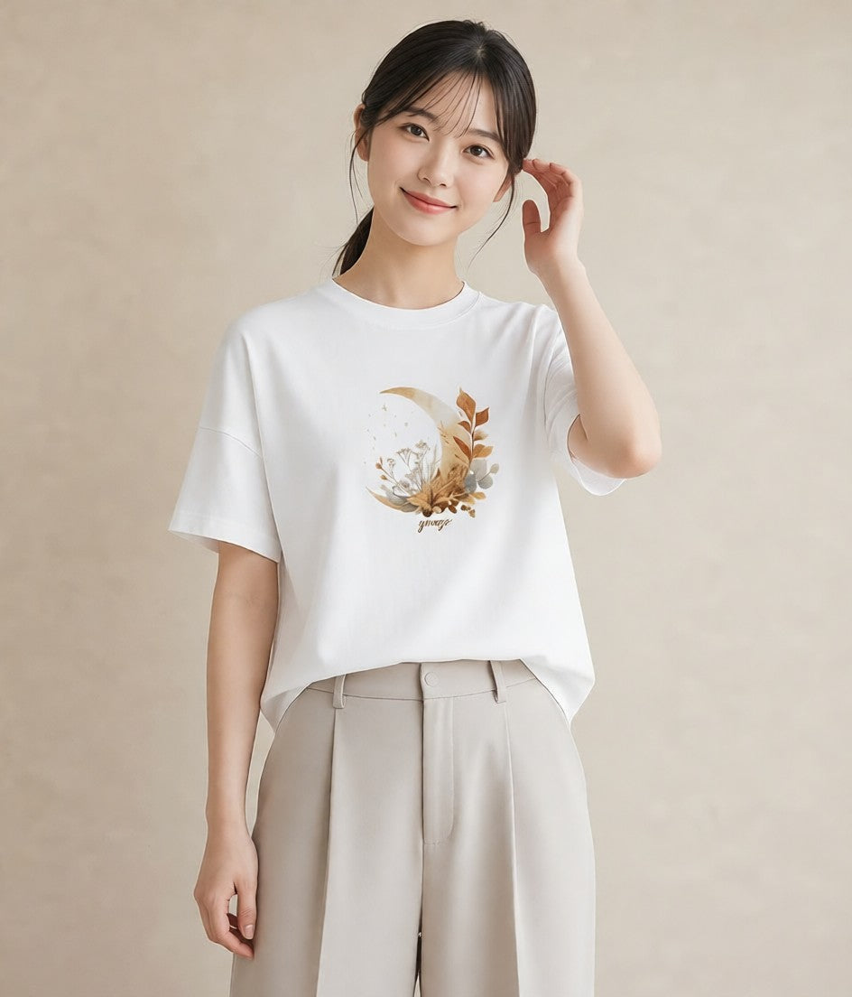 デザインTシャツ レディース 三日月 星空 宇宙 イラスト ラフカジュアル カフェ巡り 女子会 白T