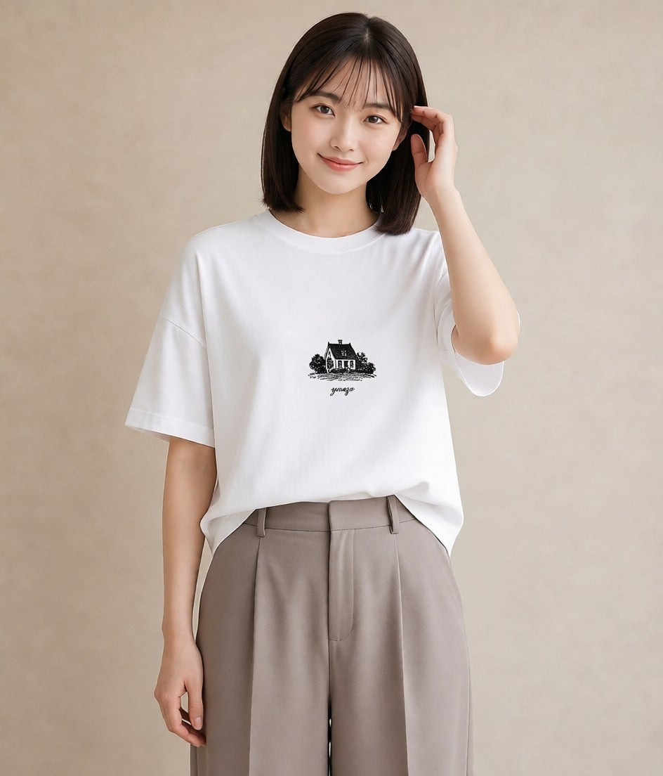 Tシャツ レディース 湖畔の小屋 湖 小屋 ナチュラル アンティーク イラスト アート風 母の日 ビーチ 白T