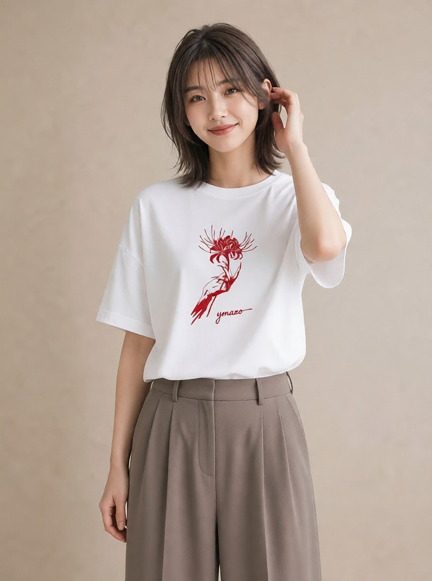 プリントTシャツ レディース 彼岸花 花 花柄 イラスト カジュアル クリスマス 旅行 白T