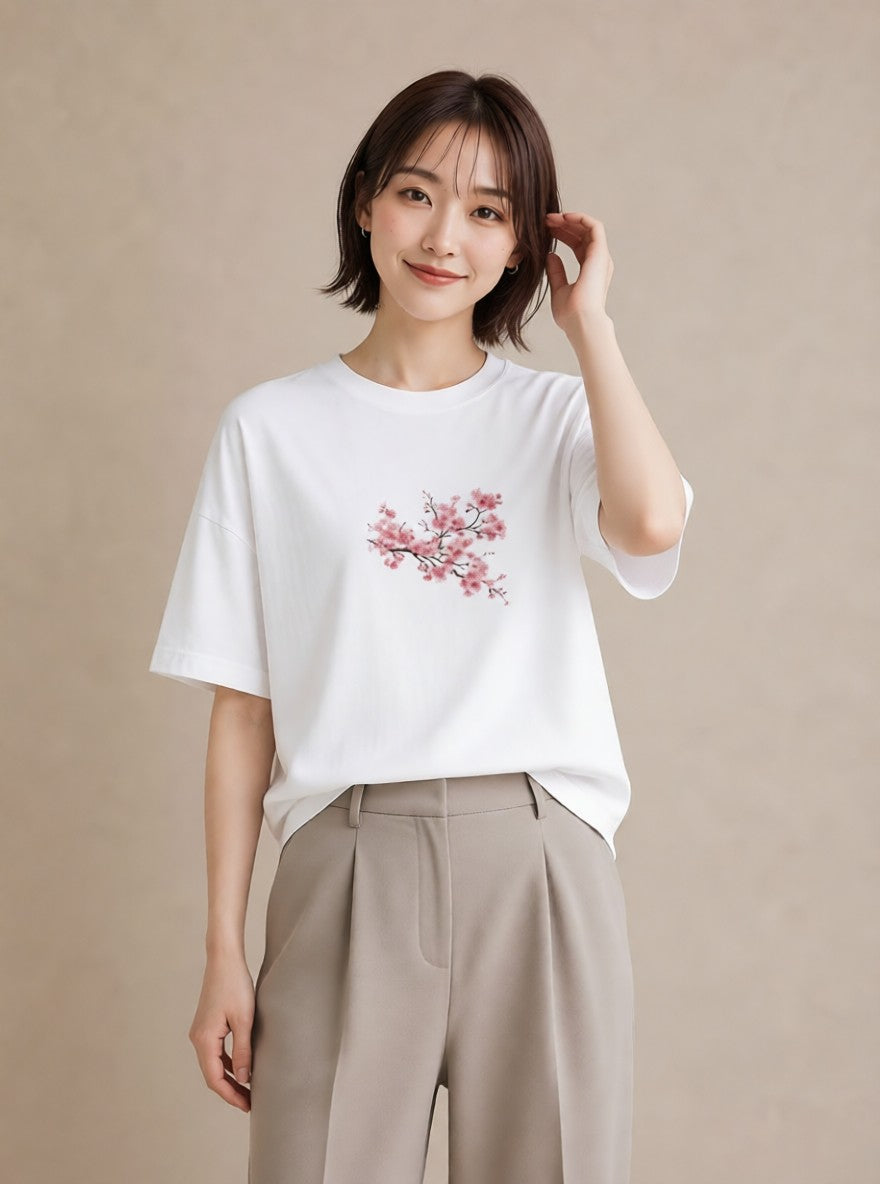 プリントTシャツ レディース 梅 花 花柄 イラスト 旅行コーデ ラフ レイヤード 白T