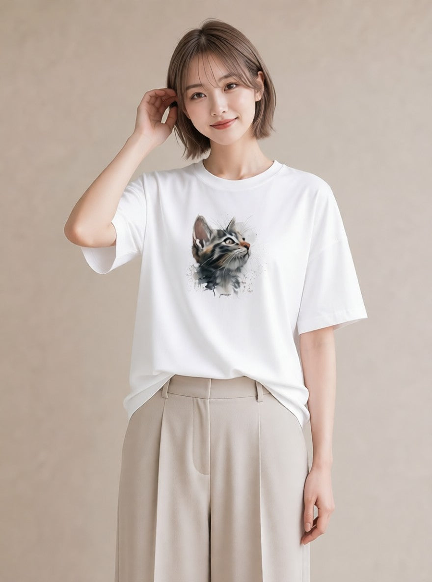 半袖Tシャツ レディース 猫 ねこ イラスト きれいめカジュアル 在宅 公園 白T