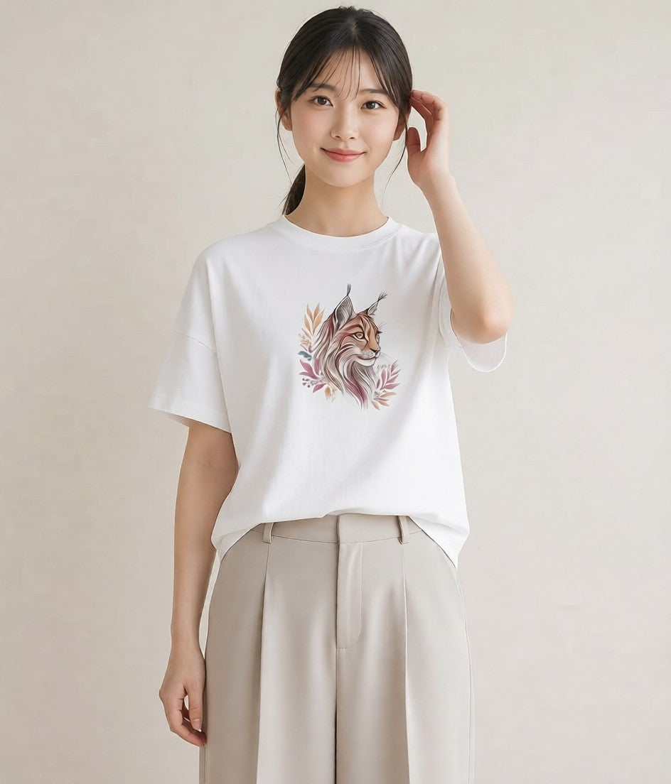 半袖Tシャツ レディース ソマリ 猫 ねこ イラスト カジュアルコーデ 買い物 白T