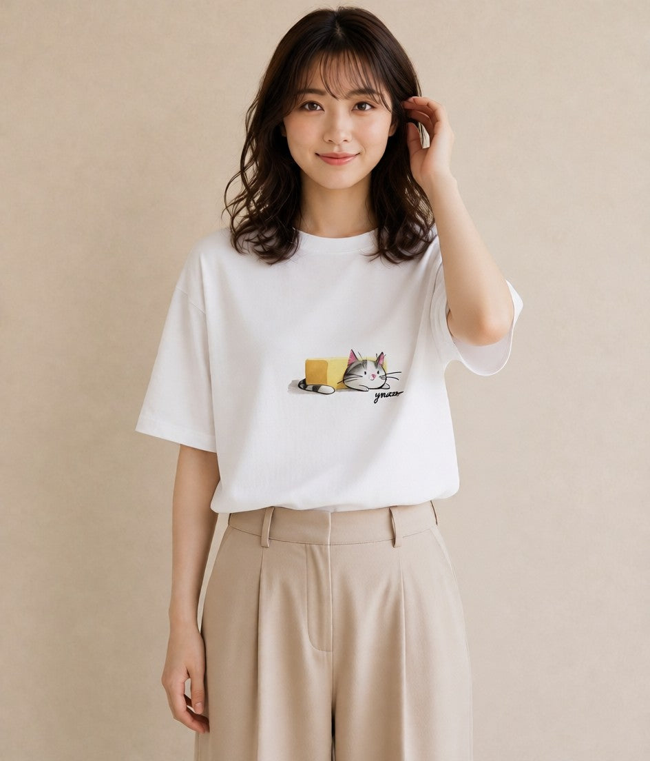 Tシャツ レディース ねこ 猫 ネコ イラスト 淡色 春コーデ 姉妹 白T