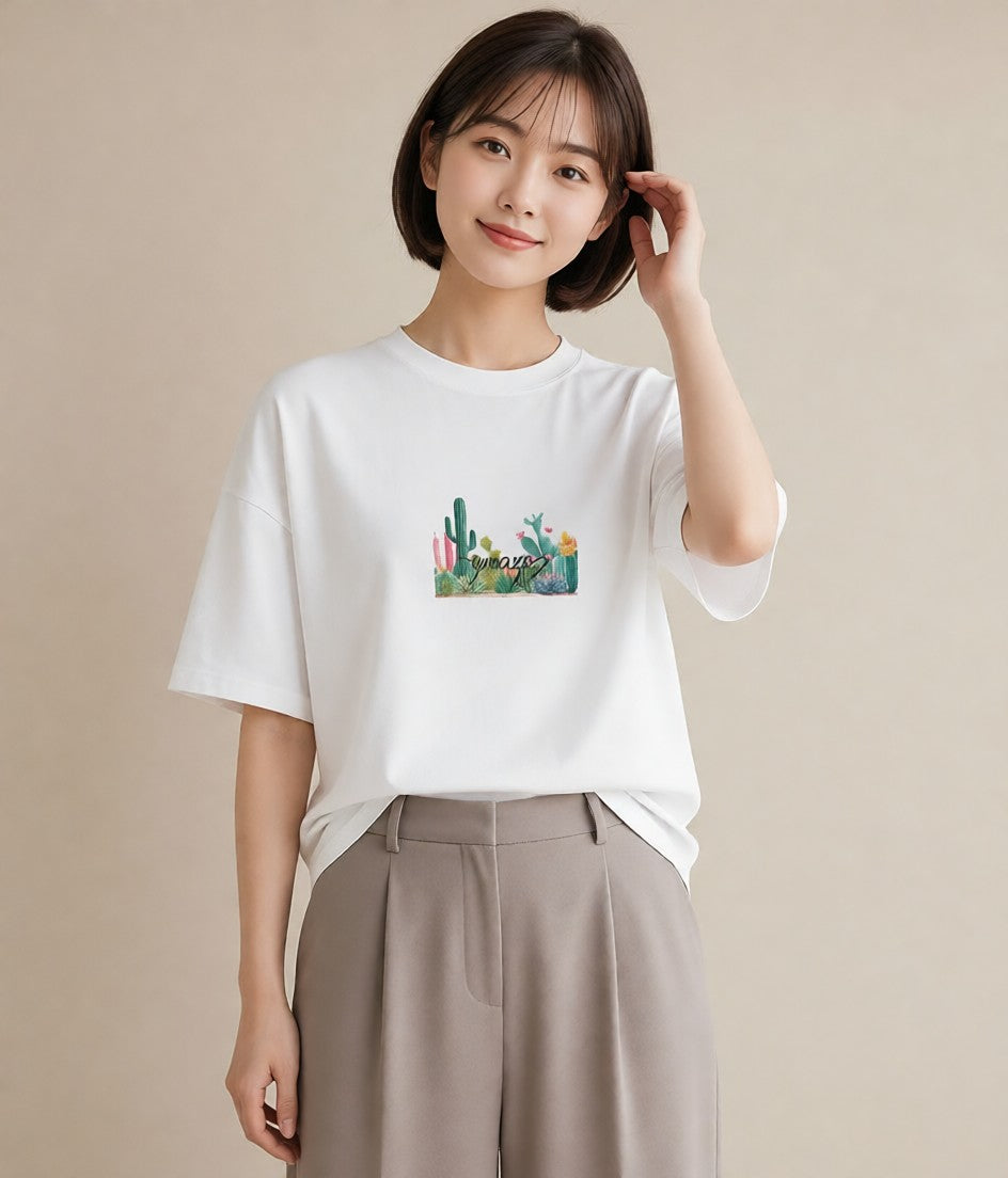プリントTシャツ レディース サボテン 植物 ボタニカル イラスト 淡色 ホワイトデー 春服 白T