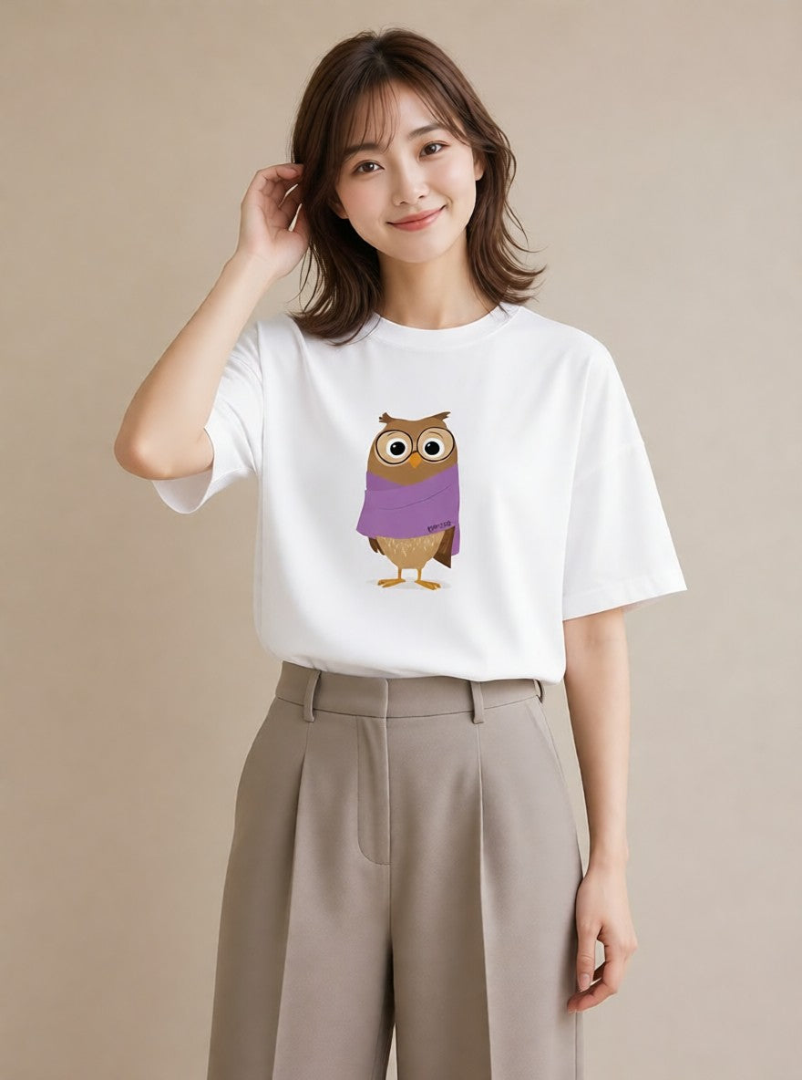 Tシャツ レディース フクロウ 動物 アニマル イラスト シンプル 親子 20代 白T