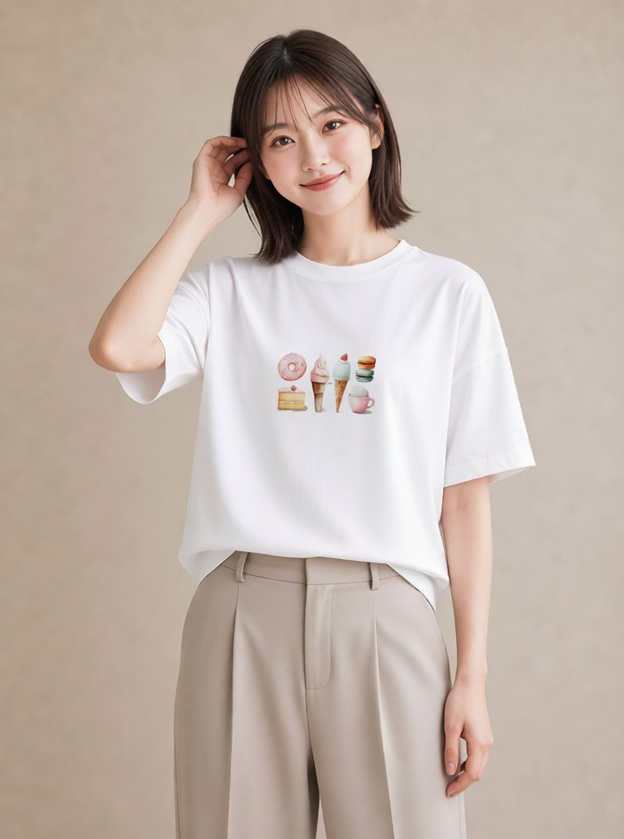 デザインTシャツ レディース ドーナツ 食べ物 フード イラスト こなれ感 ラフ レイヤード 白T