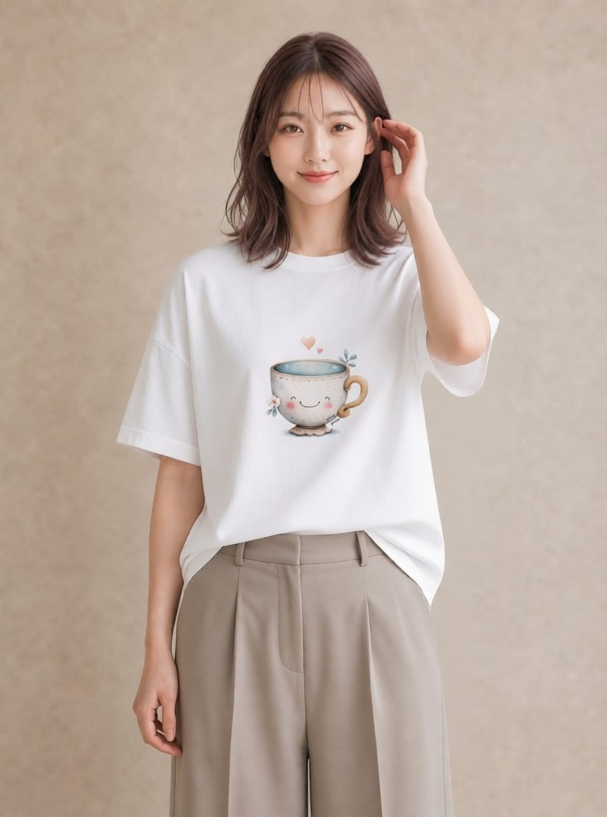 グラフィックTシャツ レディース カフェオレ 食べ物 フード イラスト 散歩 お出かけ 白T