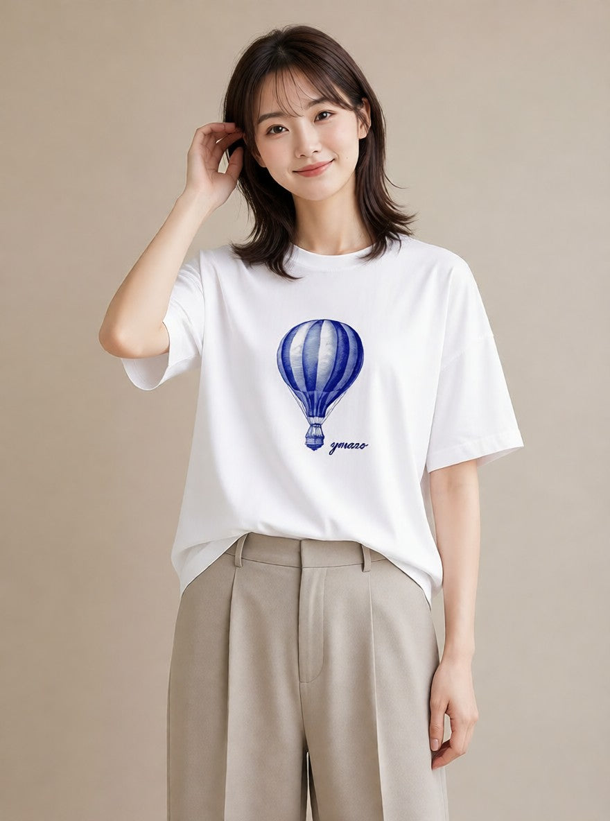 デザインTシャツ レディース 気球 星空 宇宙 イラスト きれいめカジュアル 公園 ママ 白T