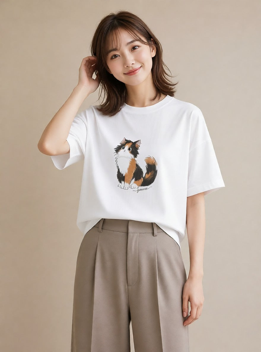 半袖Tシャツ レディース マンチカン 猫 ねこ イラスト 北欧風 敬老の日 ホワイトデー 白T