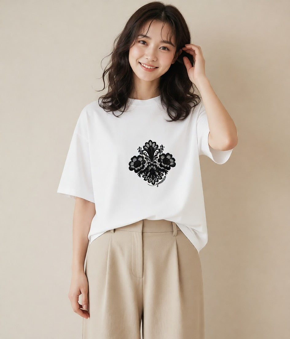 プリントTシャツ レディース レースハンカチ レース ハンカチ ナチュラル アンティーク イラスト ラフカジュアル ミセス 春コーデ 白T