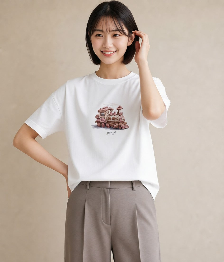 半袖Tシャツ レディース 駅のホーム ローカル線 駅 ナチュラル アンティーク イラスト ミニマル 自分用 ルームウェア 白T