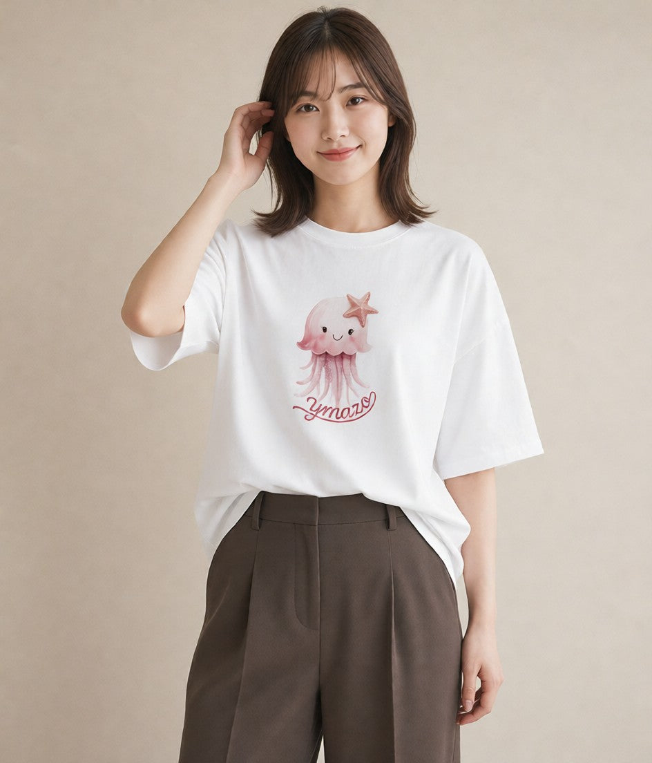 デザインTシャツ レディース イカ 海の生き物 海 イラスト ミニマル 旅行 母娘コーデ 白T