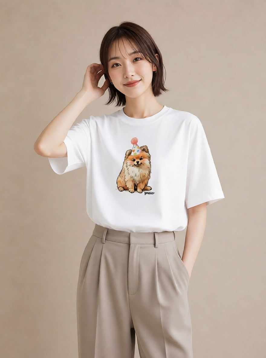 デザインTシャツ レディース ポメラニアン ポメ 犬 いぬ イラスト 手描き風 女子会 お揃い 白T