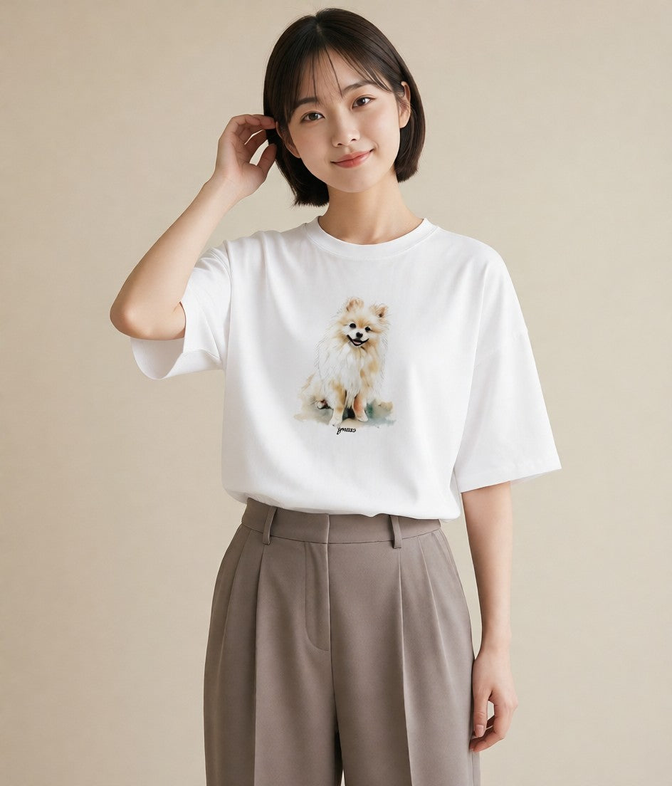 デザインTシャツ レディース ポメラニアン ポメ 犬 いぬ イラスト 韓国風 デイリーウェア 休日 白T