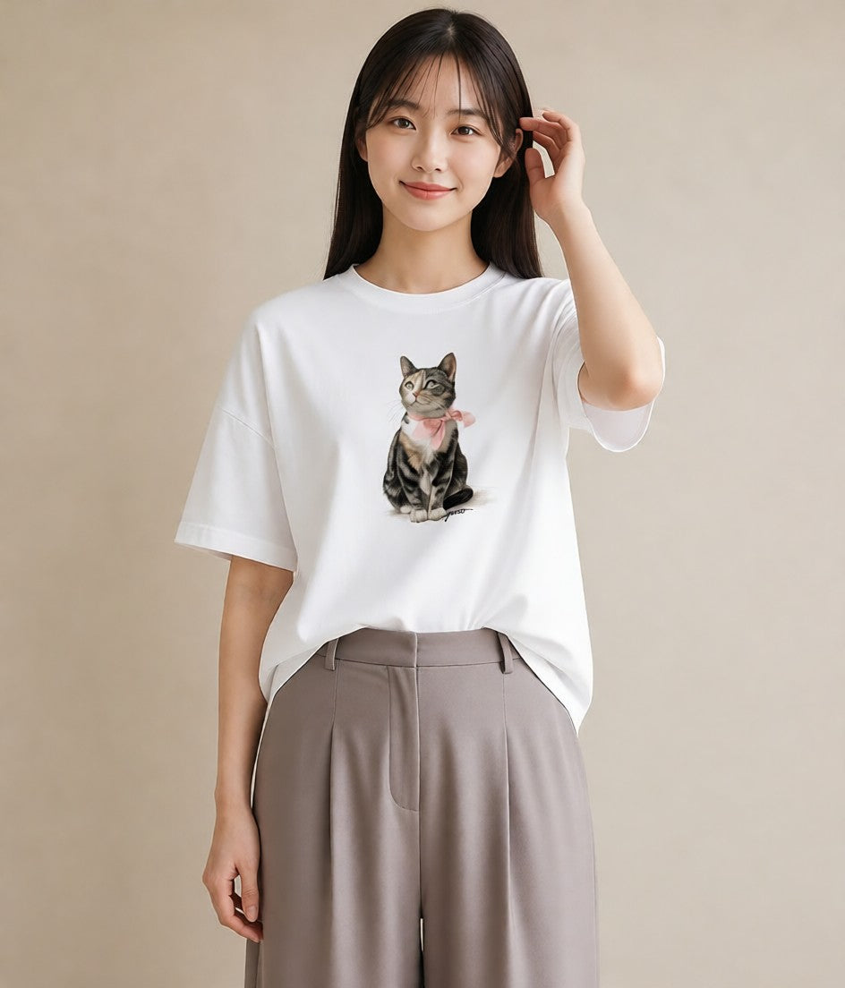 グラフィックTシャツ レディース アビシニアン 猫 ねこ イラスト アート風 親子 20代 白T