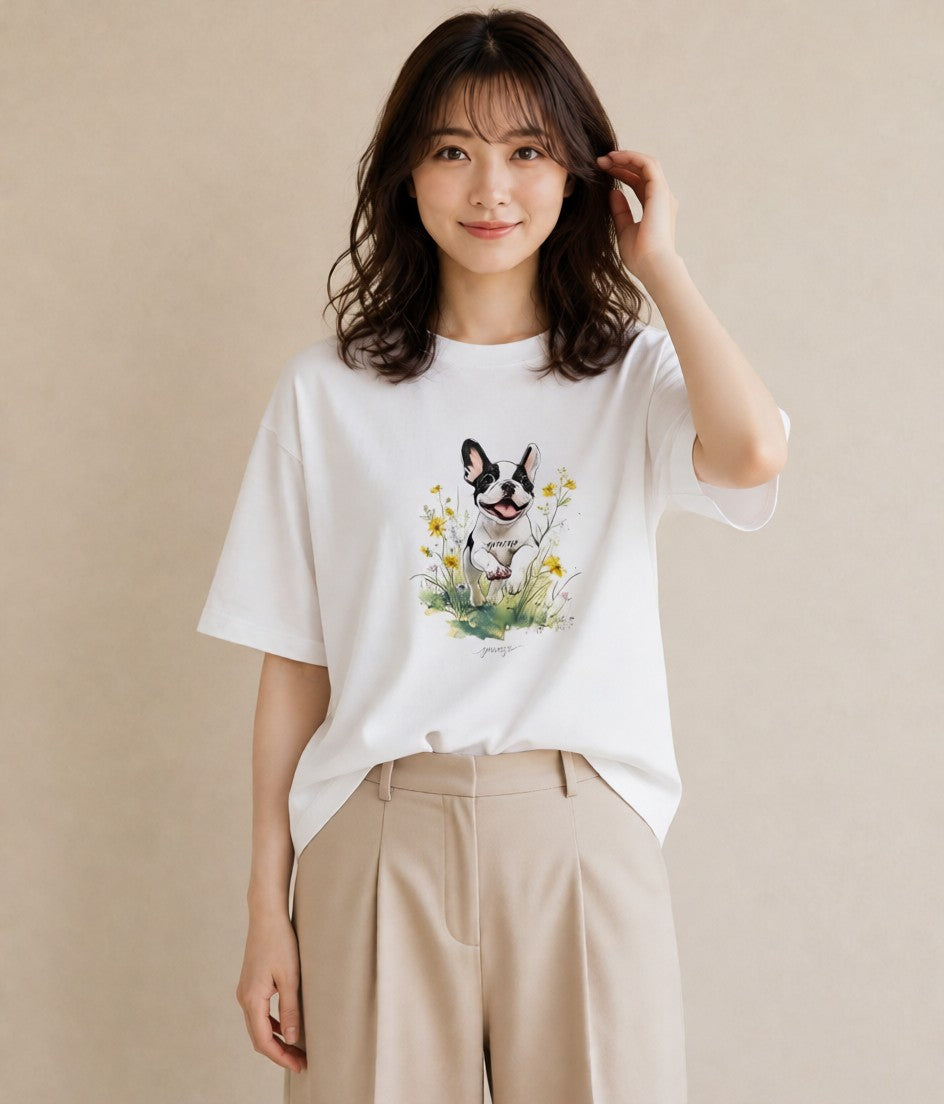 デザインTシャツ レディース フレンチブルドッグ フレブル 犬 いぬ イラスト 手描き風 春服 ミセス 白T