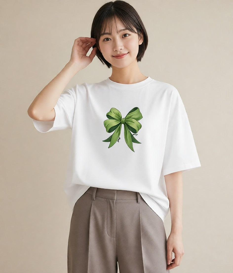 プリントTシャツ レディース リボン 蝶結び ナチュラル アンティーク イラスト シック 親子 20代 白T