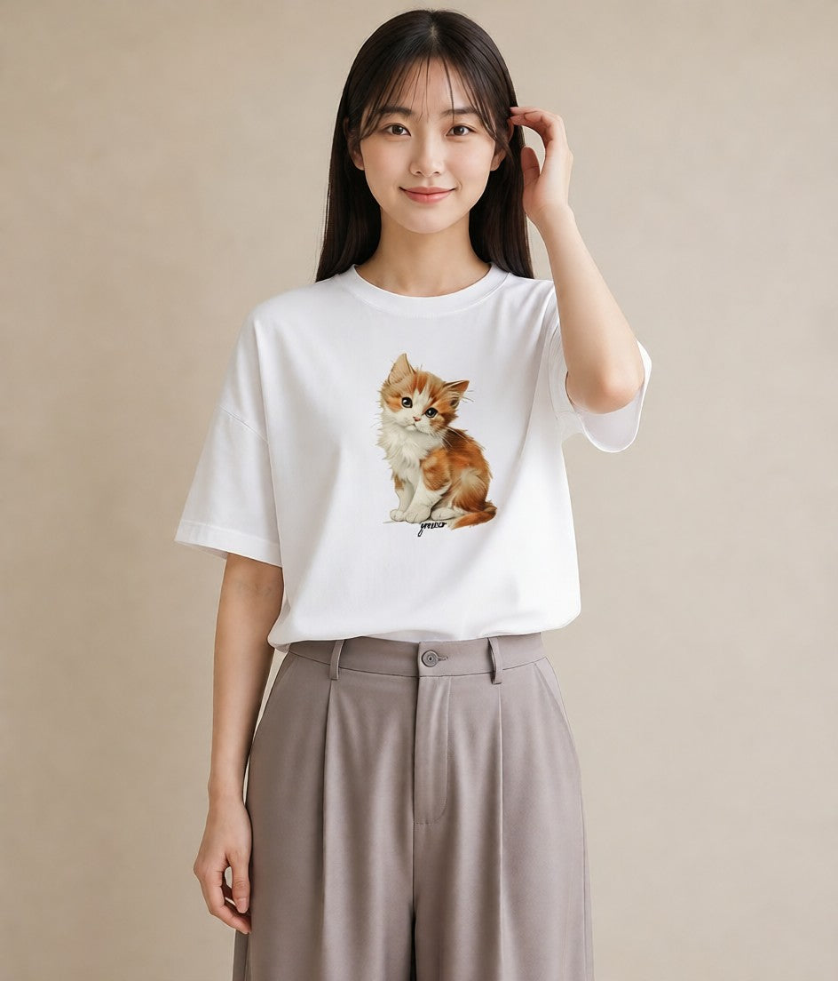 半袖Tシャツ レディース 茶トラ 茶猫 猫 ねこ イラスト モード 普段着 週末コーデ 白T