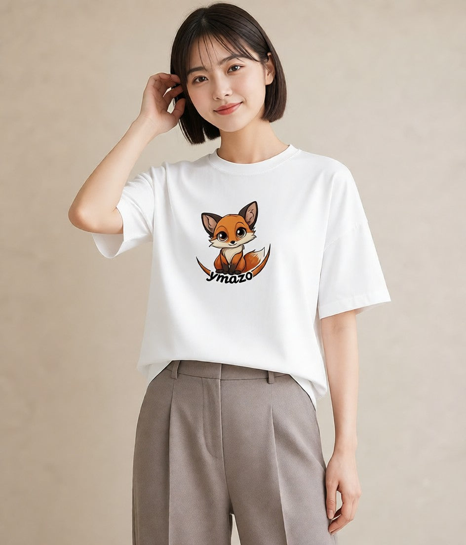 プリントTシャツ レディース きつね 動物 アニマル イラスト カジュアル 買い物 夏コーデ 白T