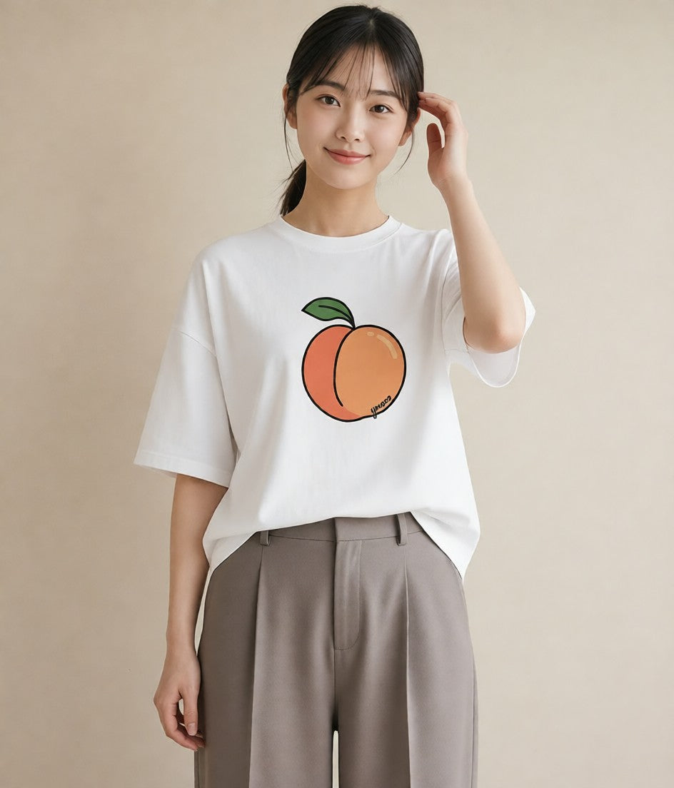 デザインTシャツ レディース もも 食べ物 フード イラスト 韓国風 週末コーデ 敬老の日 白T