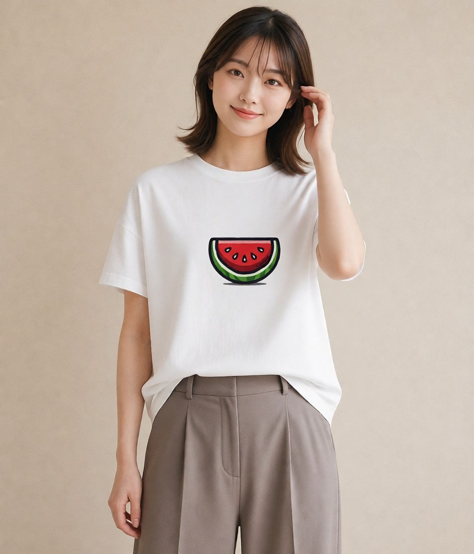 半袖Tシャツ レディース すいか 食べ物 フード イラスト 淡色 ギフト 母の日 白T