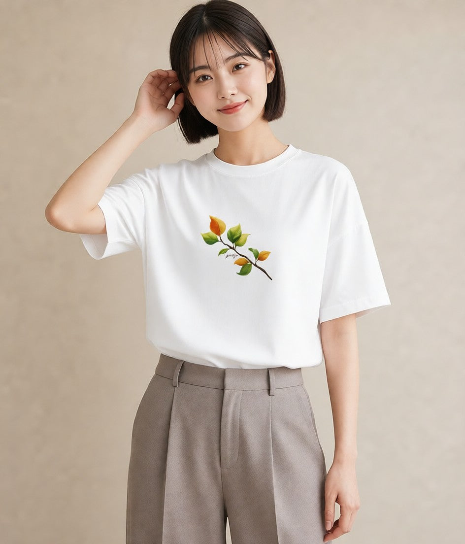 グラフィックTシャツ レディース 落ち葉 植物 ボタニカル イラスト シック 20代 カジュアルコーデ 白T