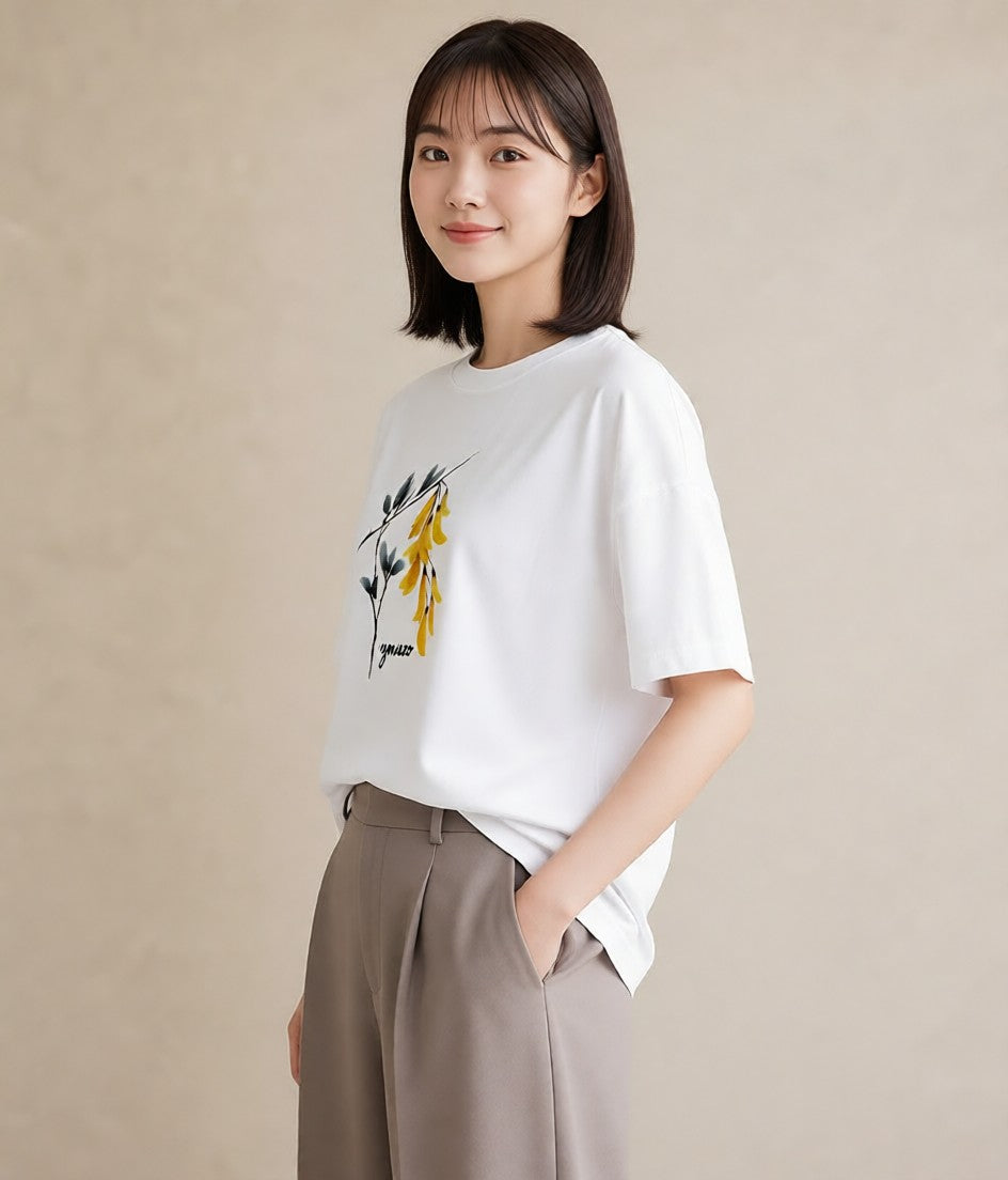 半袖Tシャツ レディース ミモザ 花 花柄 イラスト 淡色 カジュアルコーデ 買い物 白T