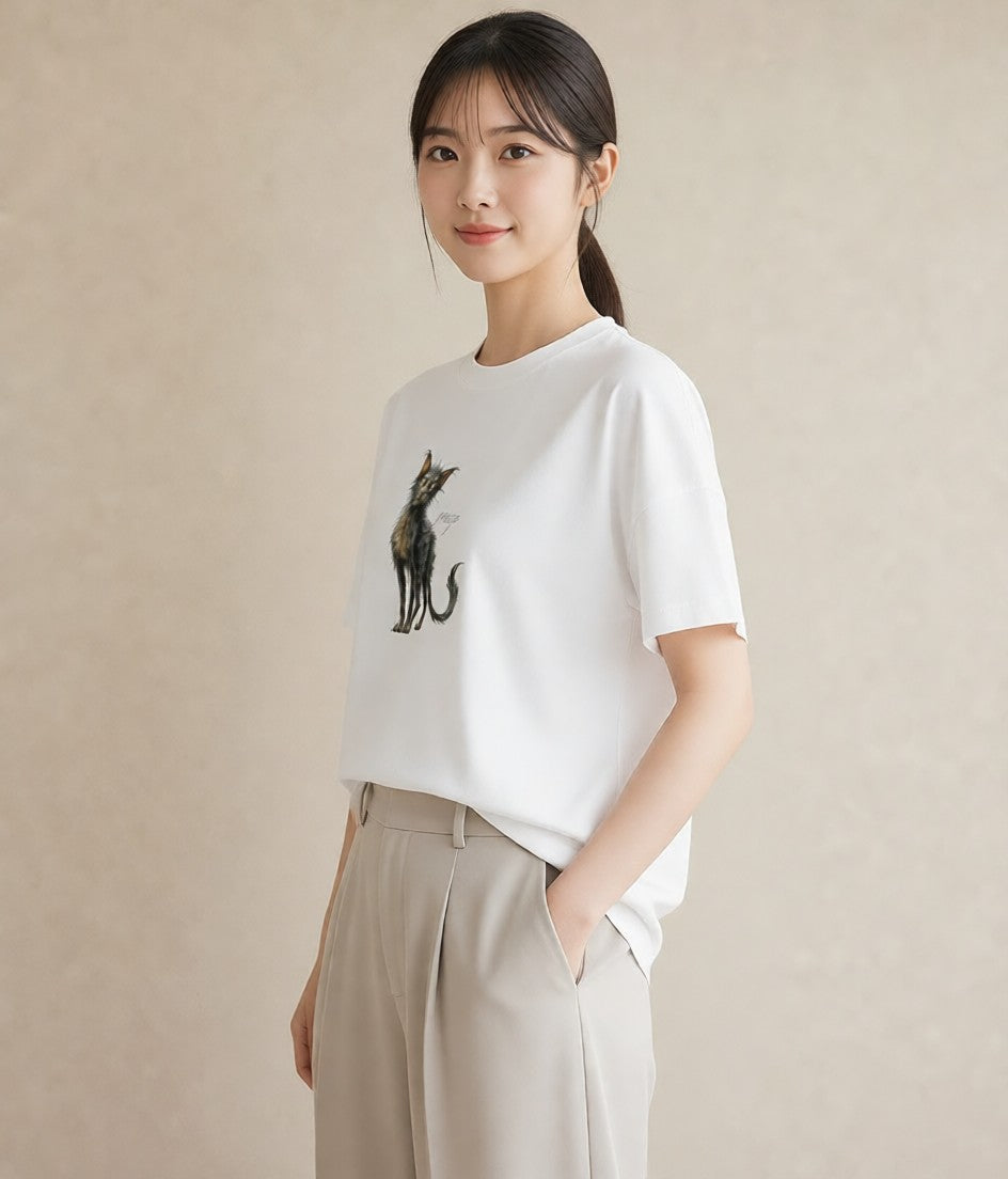 デザインTシャツ レディース ロシアンブルー 猫 ねこ イラスト 淡色 自分用 ルームウェア 白T