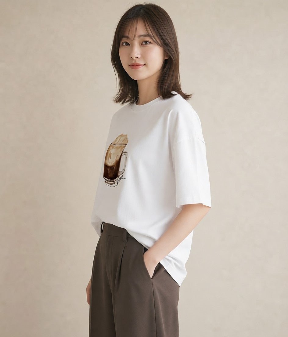 Tシャツ レディース コーヒー 珈琲 カフェ 食べ物 フード イラスト シック ママ カフェ服 白T
