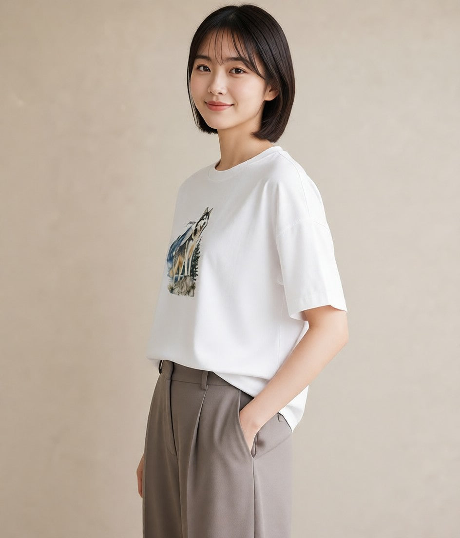グラフィックTシャツ レディース シベリアンハスキー 犬 いぬ イラスト 線画 女性向けギフト 散歩 白T