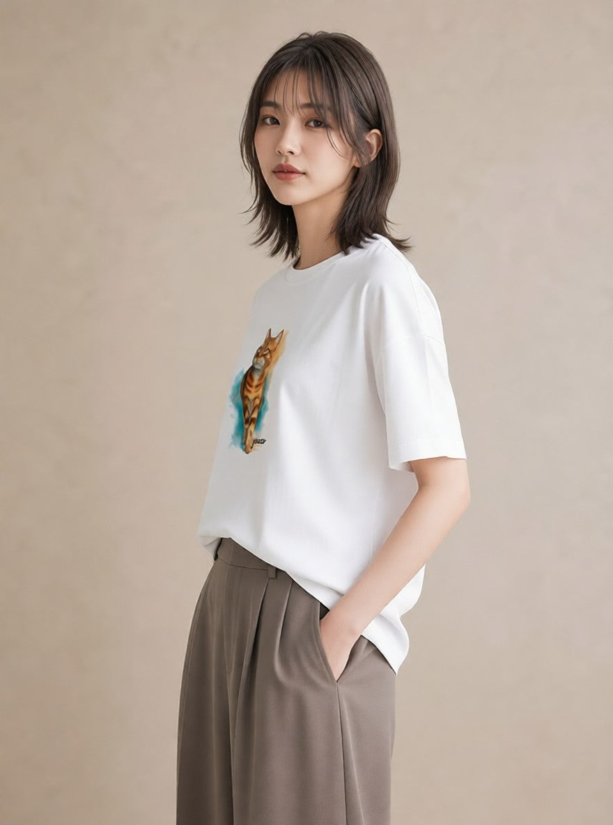 半袖Tシャツ レディース スフィンクス 猫 ねこ イラスト ポップ 春服 ミセス 白T