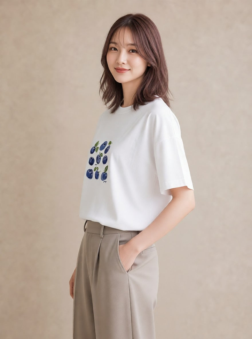 デザインTシャツ レディース ブルーベリー 食べ物 フード イラスト 韓国風 普段着 週末コーデ 白T