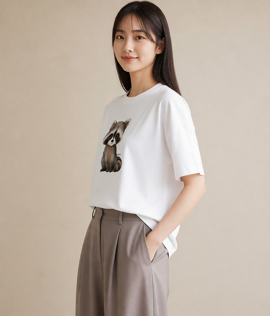 プリントTシャツ レディース レッサーパンダ 動物 アニマル イラスト 水彩風 買い物 夏コーデ 白T