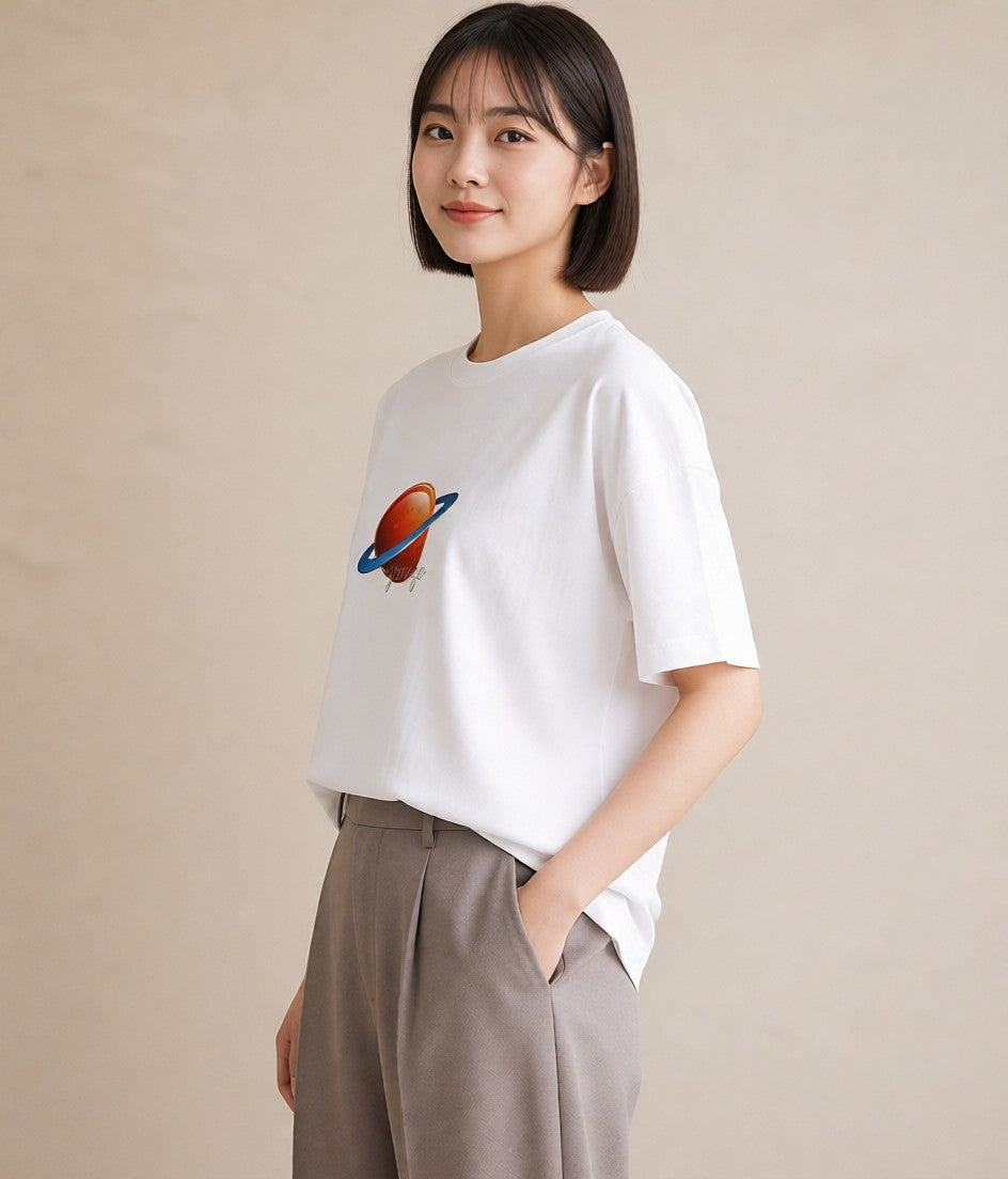 プリントTシャツ レディース 土星 星空 宇宙 イラスト ヴィンテージ風 在宅 公園 白T