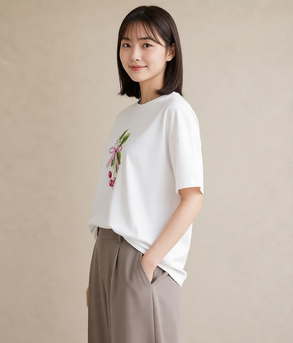 デザインTシャツ レディース さくらんぼ チェリー 食べ物 フード イラスト レトロ 自分用 ルームウェア 白T