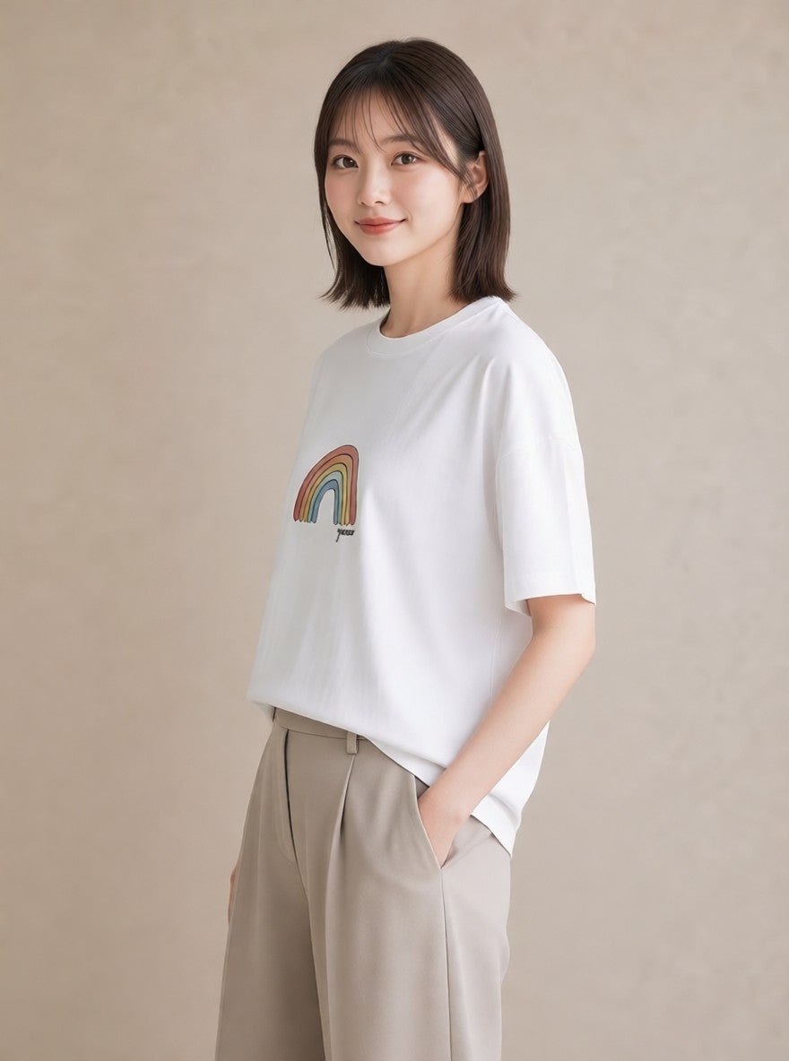 半袖Tシャツ レディース 虹 星空 宇宙 イラスト 手描き風 友達ギフト 部屋着 白T