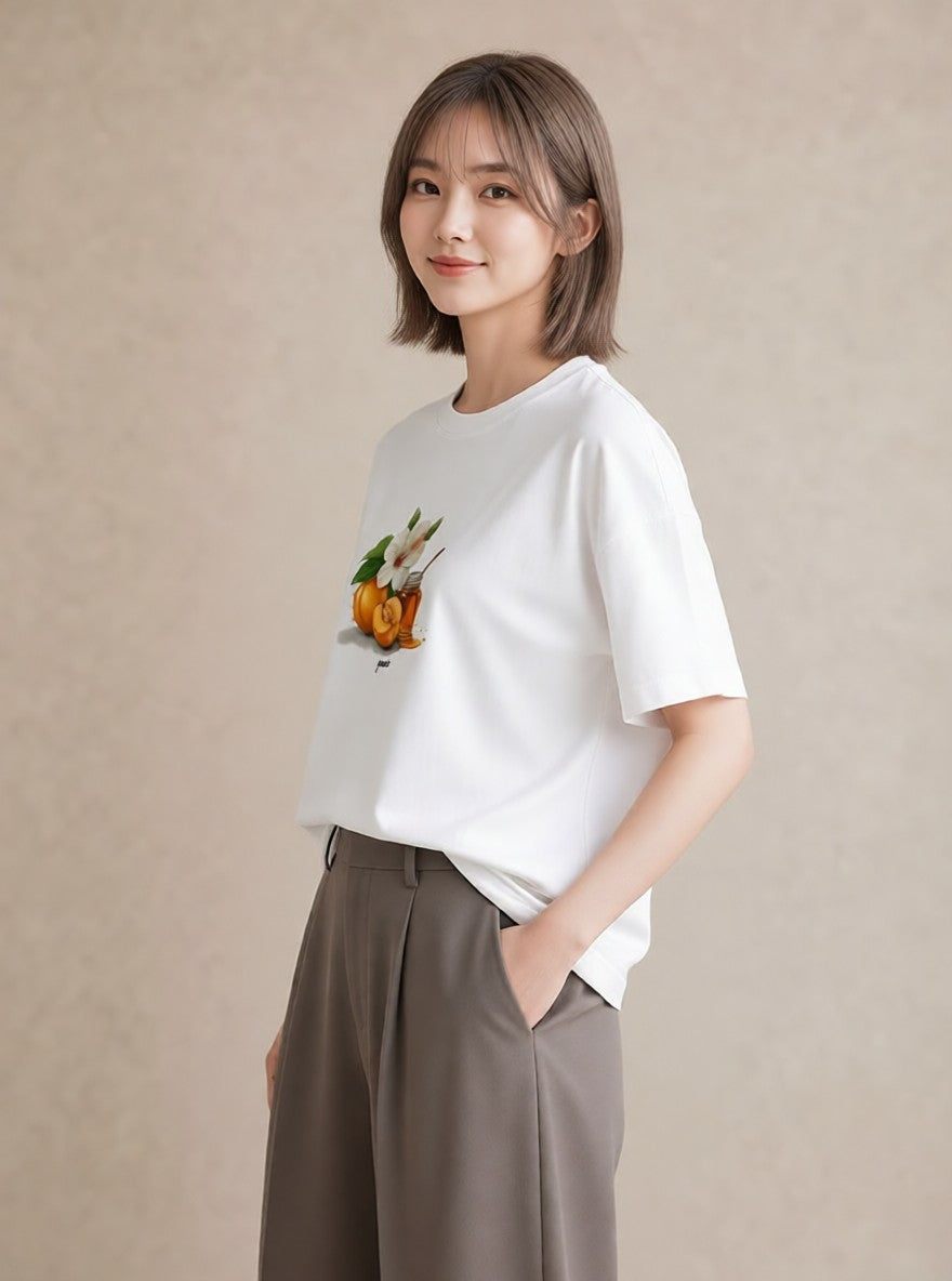 プリントTシャツ レディース はちみつ 食べ物 フード イラスト 線画 夏コーデ 通学 白T