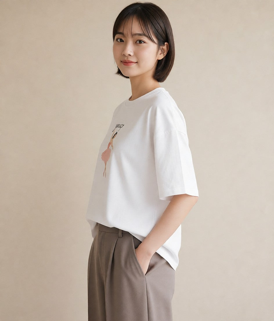 グラフィックTシャツ レディース バレエシューズ バレエ トウシューズ ナチュラル アンティーク イラスト 普段使い 部屋着 女性向けギフト 白T