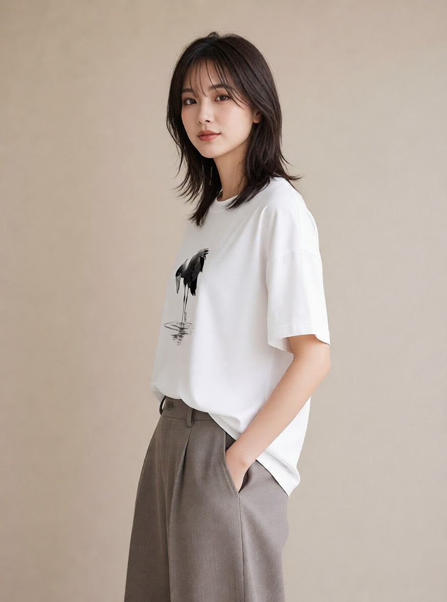 半袖Tシャツ レディース ハシビロコウ 動物 アニマル イラスト アート風 ママ カフェ服 白T