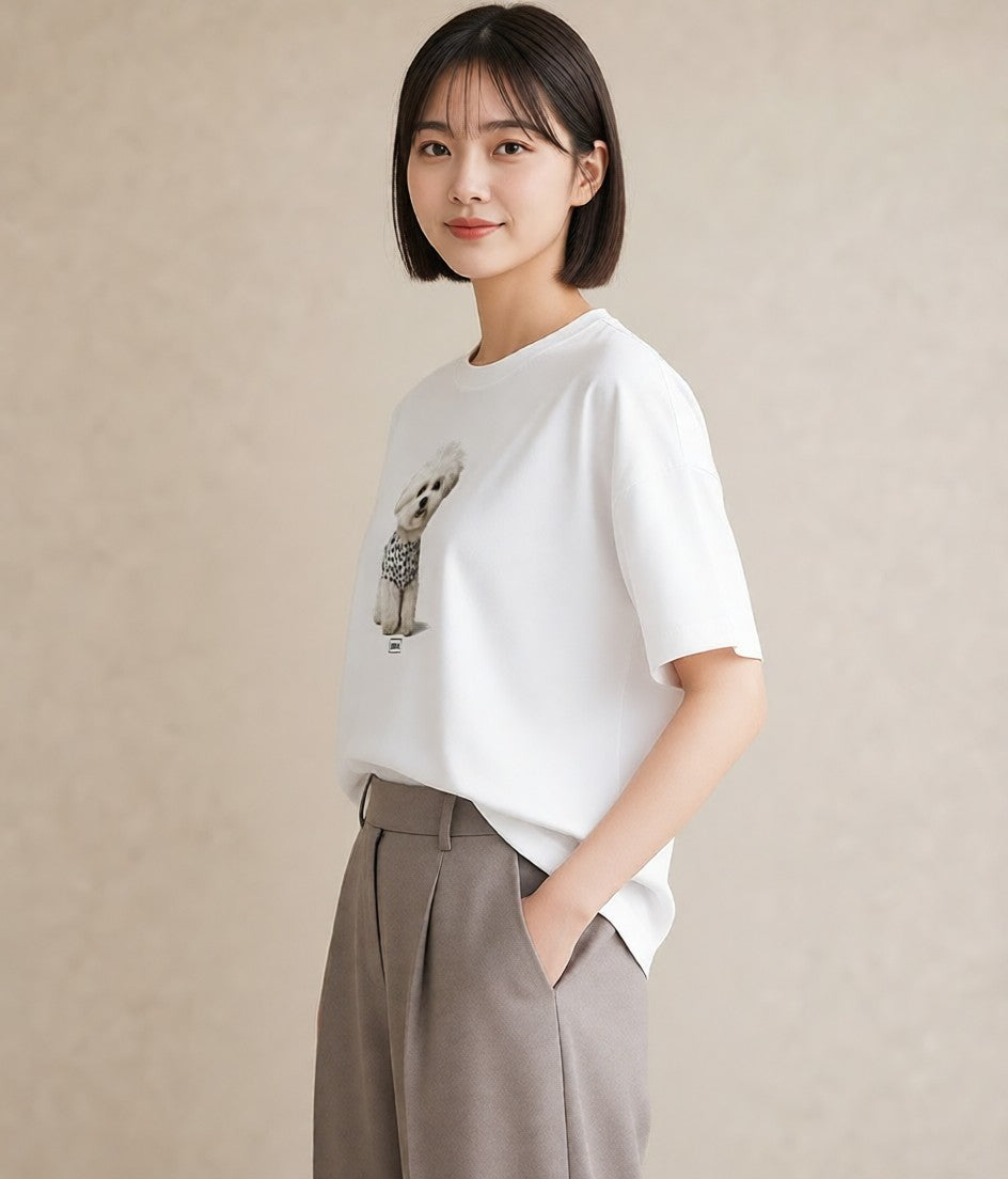 デザインTシャツ レディース ビションフリーゼ 犬 いぬ イラスト レトロ 母娘コーデ 自分用 白T