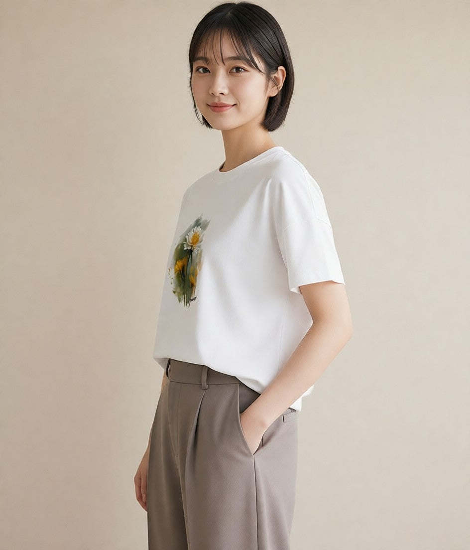 デザインTシャツ レディース たんぽぽ 花 花柄 イラスト ラフ 母の日 ビーチ 白T