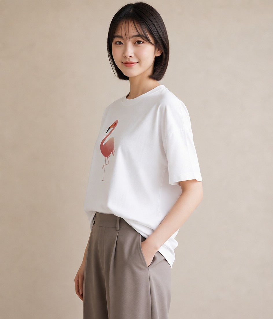 グラフィックTシャツ レディース フラミンゴ 動物 アニマル イラスト ヴィンテージ風 ホワイトデー 春服 白T