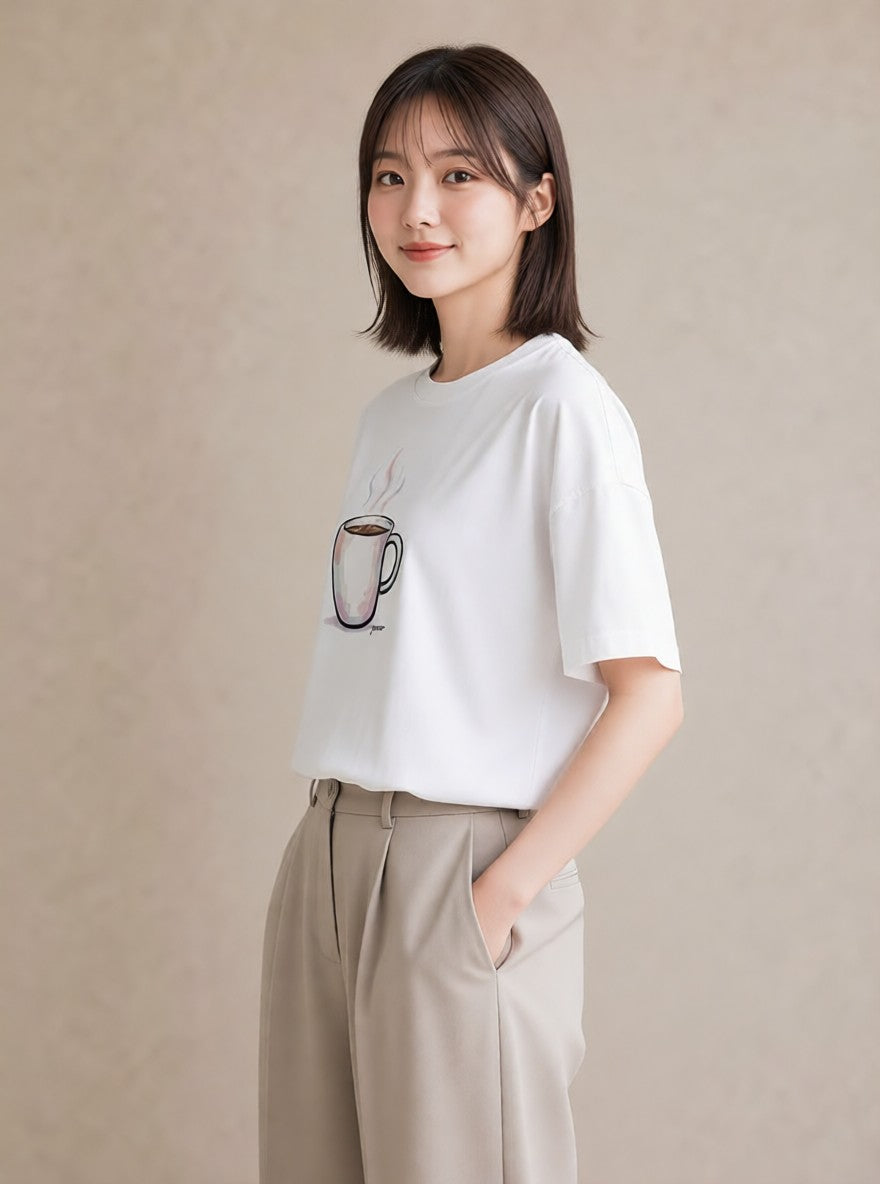 プリントTシャツ レディース コーヒー カフェ 珈琲 イラスト こなれ感 ペアコーデ 秋コーデ 白T