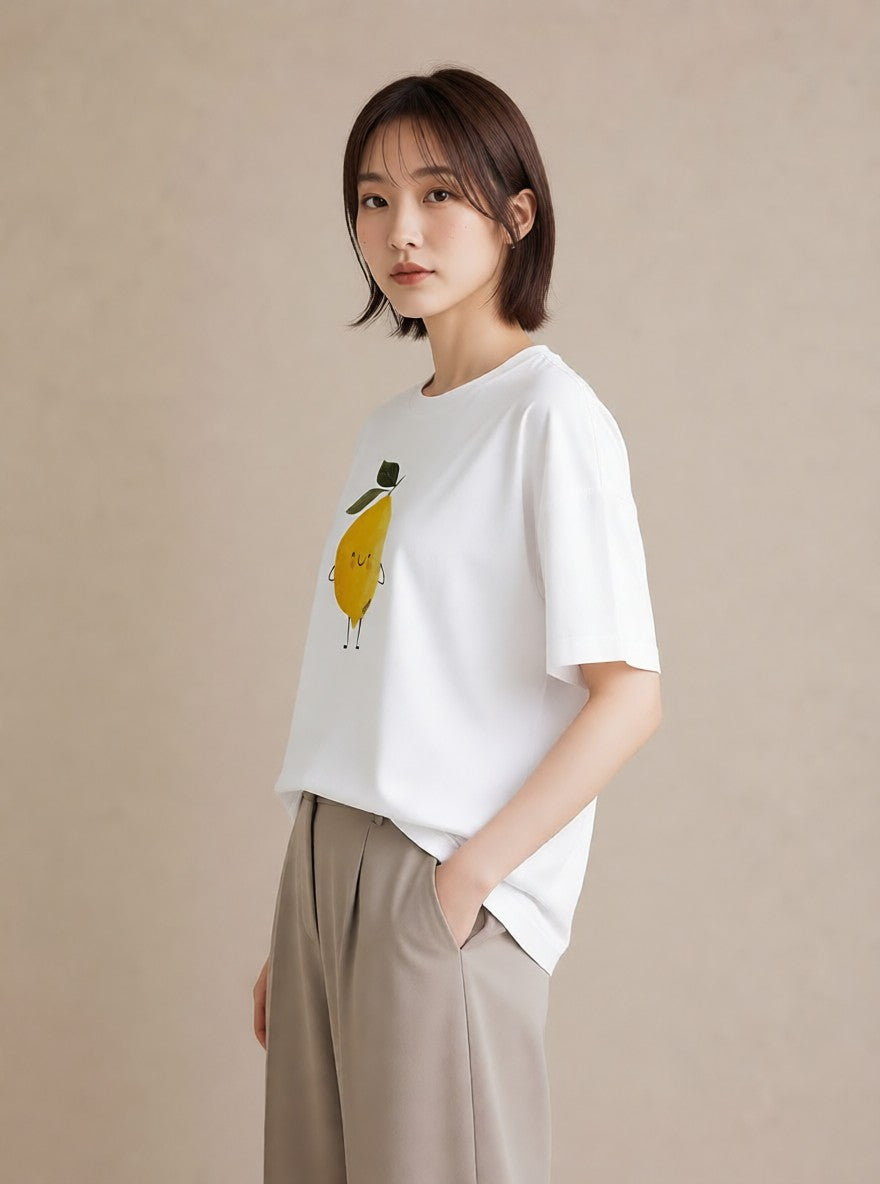 半袖Tシャツ レディース レモン 檸檬 食べ物 フード イラスト お洒落 誕生日プレゼント 綿100 白T