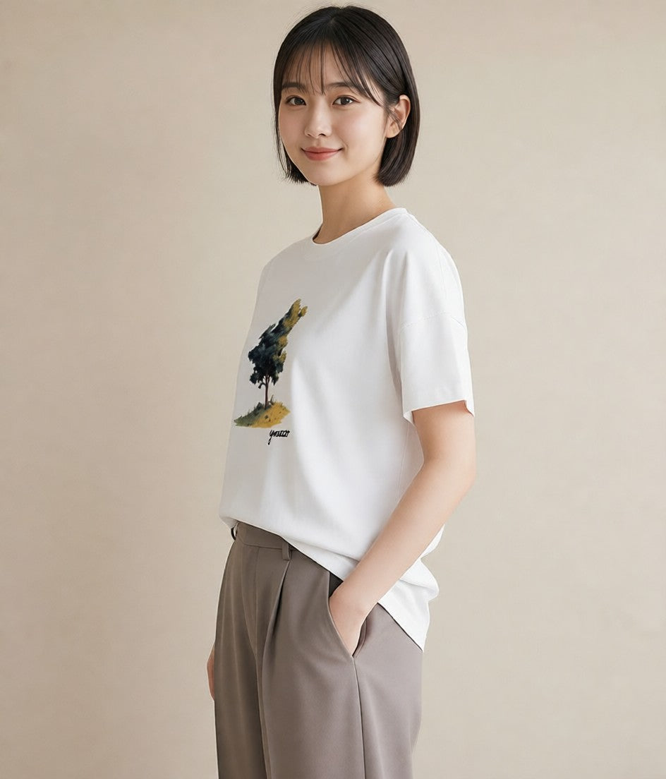 プリントTシャツ レディース 青の水彩 風景 ブルー ナチュラル アンティーク イラスト 淡色 送別ギフト 通勤 白T
