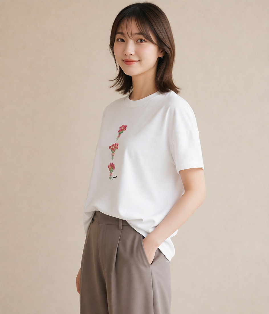 プリントTシャツ レディース カーネーション 花 花柄 イラスト カジュアル 在宅 公園 白T