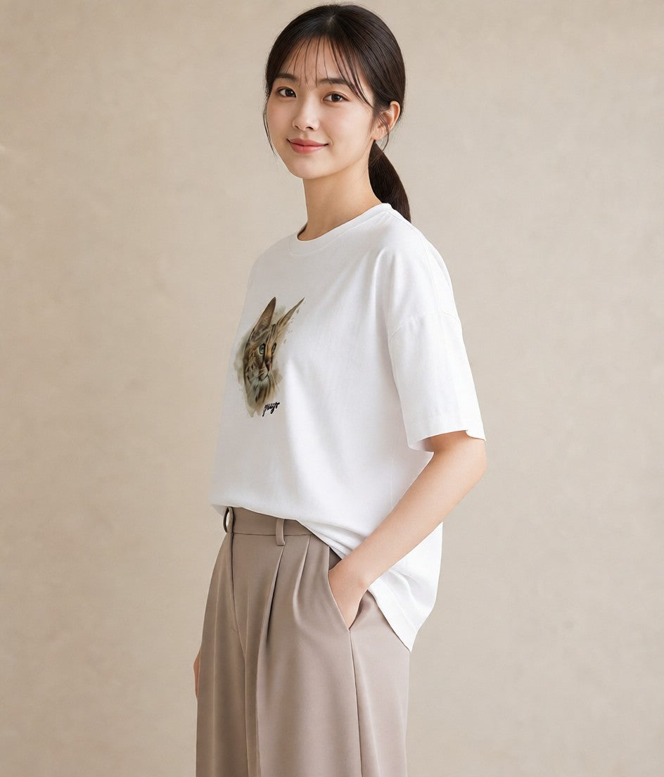 プリントTシャツ レディース アビシニアン 猫 ねこ イラスト 上品 秋コーデ おしゃれギフト 白T