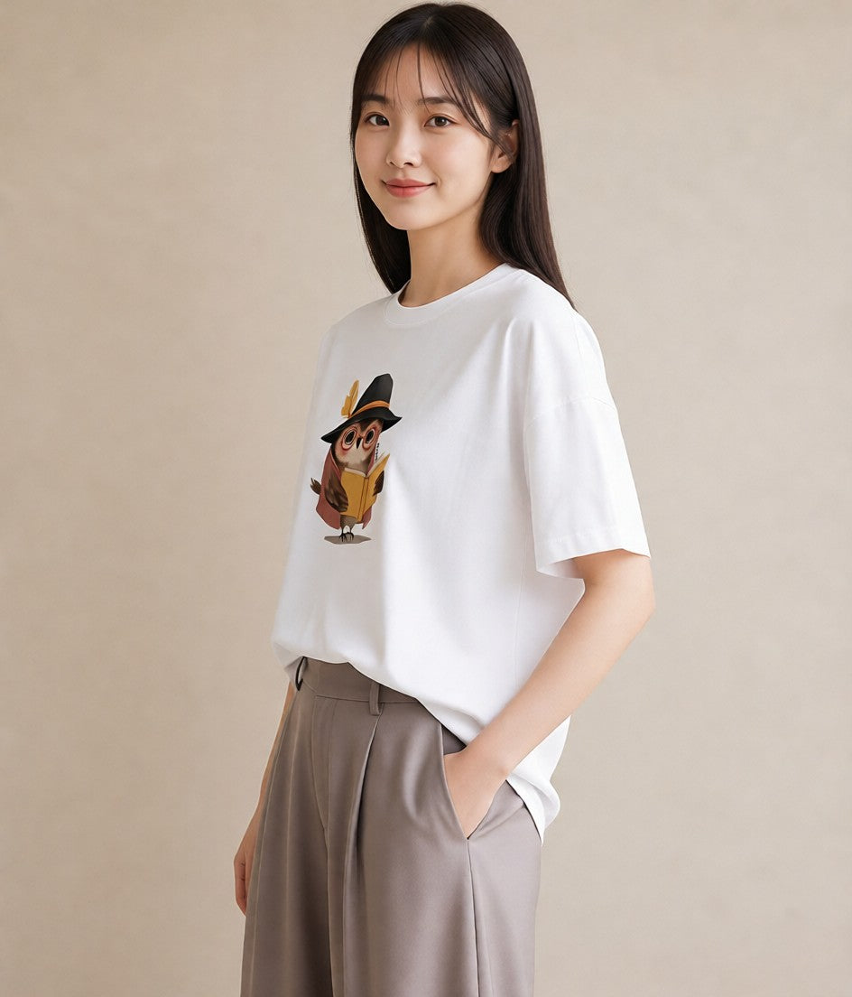 半袖Tシャツ レディース フクロウ 動物 アニマル イラスト 手描き風 クリスマス 旅行 白T
