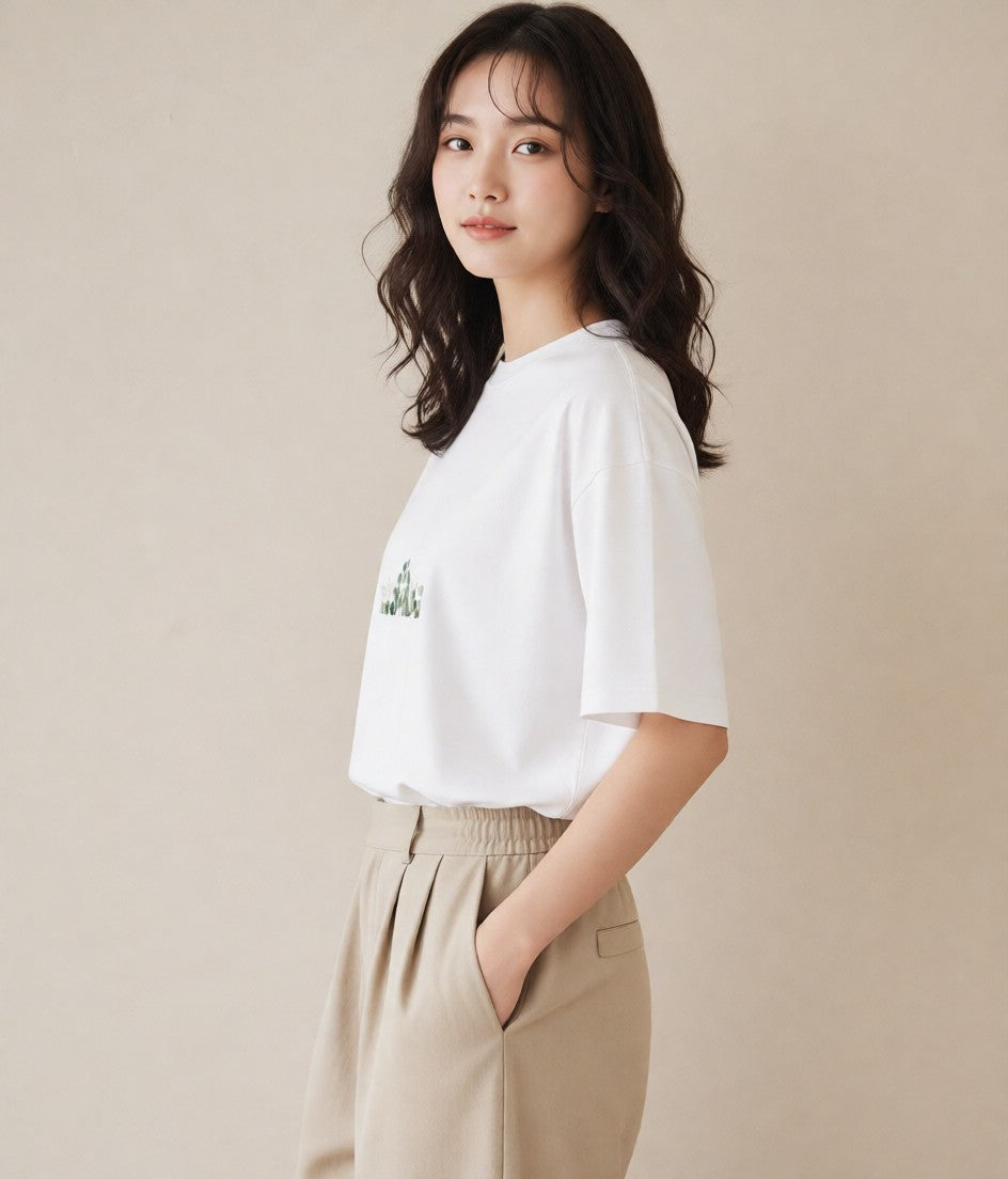デザインTシャツ レディース ユーカリ 植物 ボタニカル イラスト 韓国風 ママ カフェ服 白T